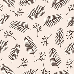 Fototapeta na wymiar Vector seamless pattern with pine branches on pastel background. Modern minimal illustration.