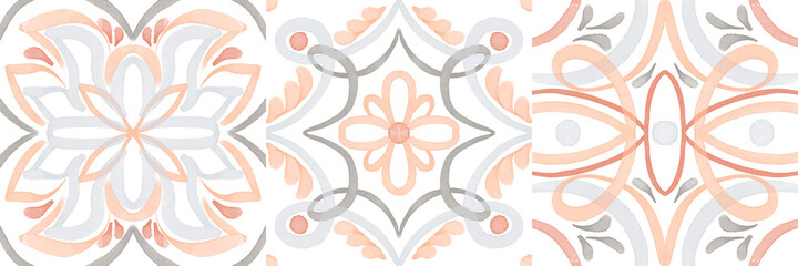 Set of watercolor illustrations - ceramic tile stylization with blue ornaments. Azulejos portugal, Turkish ornament, Moroccan tile mosaic, Talavera ornament.