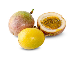 Passion fruit isolated. Whole passionfruit and a half of maracuya isolated on white background. Clipping path