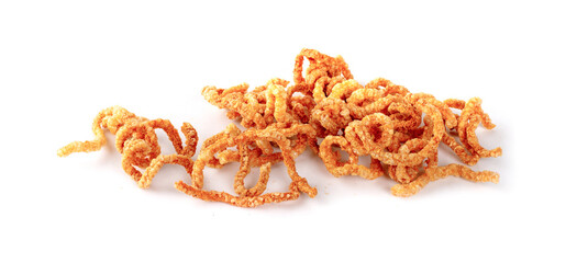Pork snack or Pork scratching leather lean pork fried crispy and blistered isoloated on white background. Thai food