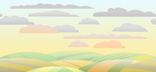 Fototapeta na wymiar Rural landscape with wheat farmer hills. Cute funny cartoon design. Autumn morning. Horizontally background seamless illustration. Flat style. Vector.