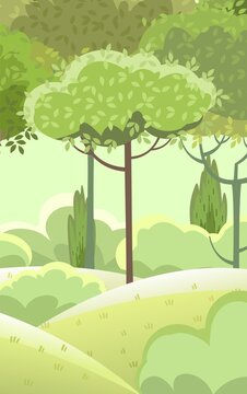 Amusing beautiful forest landscape. Cartoon style. Grass hills. Summer. Rural natural look. Cool romantic pretty. Flat design illustration. Vector art