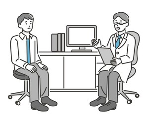 不安な若い男性に診察をする医者のベクターイラスト素材／病院／ドクター／悩む／不安