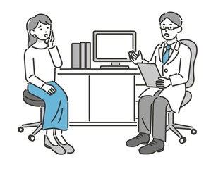 不安な若い女性に診察をする医者のベクターイラスト素材／病院／ドクター／悩む／不安