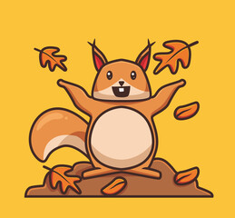 cute squirrel playing fall leaves. cartoon autumn season concept Isolated illustration. Flat Style suitable for Sticker Icon Design Premium Logo vector. Mascot character