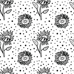 Seamless vector pattern with black flowers on white isolated hand drawn background. Botanical,Floral line print in doodle style.Designs for textiles,fabric,wrapping paper,packaging,social media,web.