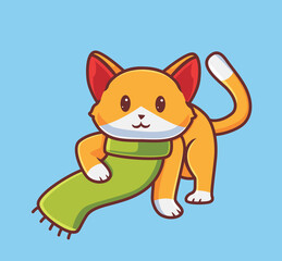 cute cat wear scarf. Isolated cartoon animal autumn season concept illustration. Flat Style suitable for Sticker Icon Design Premium Logo vector. Mascot character