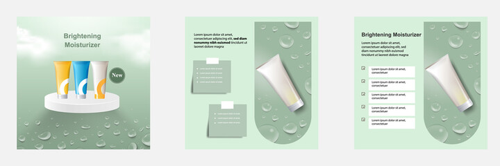 Minimal beauty cosmetic social media square post banner in green color background. Suitable for product knowledge, display, price, catalog tips template with icon sky cloud water droplet note paper.