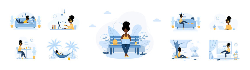 Work from home. Set of african women freelancer. Concept illustration for online working, studying, shopping, education. Girls with laptops chatting and blogging. Vector illustration in cartoon style.