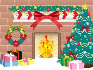 クリスマス暖炉のあるリビングルーム
