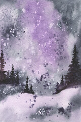 Watercolor background of cold purple fog with tree silhouettes