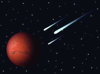 Obraz na płótnie Canvas Comets about to hit planet Mars on dark space background.