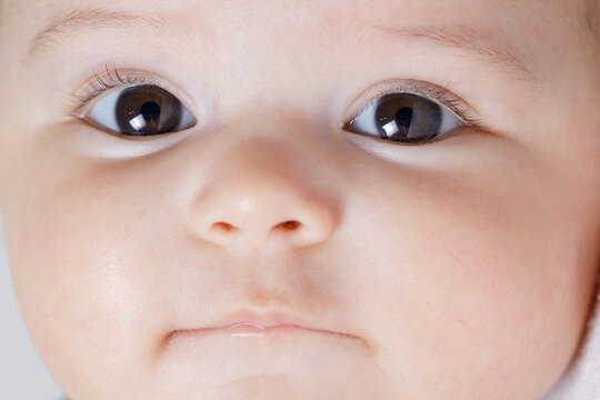 Close up detail view at cute baby girl. Macro photo of brown eyes of a child. Portrait of newborn baby.