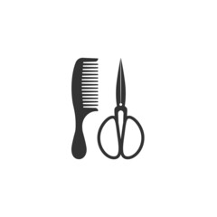 Black vintage scissors and hair comb. Retro Barber tools. Barbershop logo.