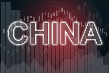 Obraz premium Price change on China financial market on dark red background. Trend up and down. 3D illustration