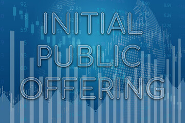 Financial term IPO (Initial Public Offering) on blue finance background. Trend Up and Down. 3D illustration