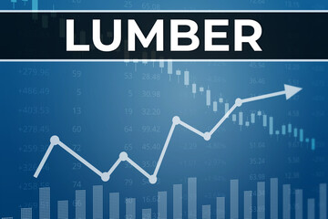 Price change on Lumber futures in world on blue finance background. Trend up and down. 3D illustration