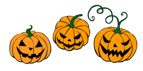 Set of vector simple scary spooky smiling Halloween pumpkins isolated. Jack o Lantern. Traditional decoration symbol of holiday celebration in cartoon flat style.