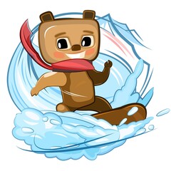 Little Bear on a snowboard. Winter and snow. Cartoon childrens style postcard. A young baby animal goes in for sports. Cute baby. The isolated object on a white background. Vector