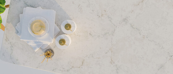 Top view of marble counter with ceramic shampoo bottles, soap, aroma diffusers, towels and empty space