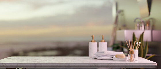 Closeup, Empty space on marble tabletop with hotel amenities over blurred background, 3d rendering