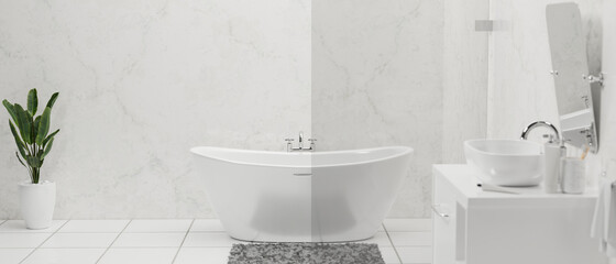 Naklejka na ściany i meble Modern stylish bathroom interior with luxury bathtub, ceramic vessel sink on white tiles floor and marble wall