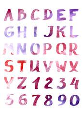 hand drawn colorful watercolor multicolor font type. handwritten multicolor mottled doodle abc english alphabet with letters, numbers and symbol on white background