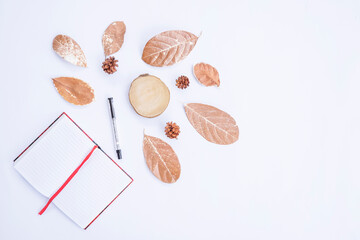 Autumn composition. book and pen, dry leaves on white background. Autumn, autumn concept. Flat lay,...