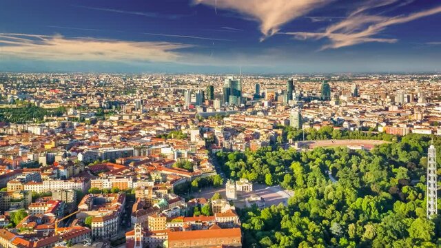 Milan Hyperlapse Time lapse sunset Drone lapse. Aerial Drone Flight Timelapse Of Panoramic Skyline Milano Of Metropolitan City.