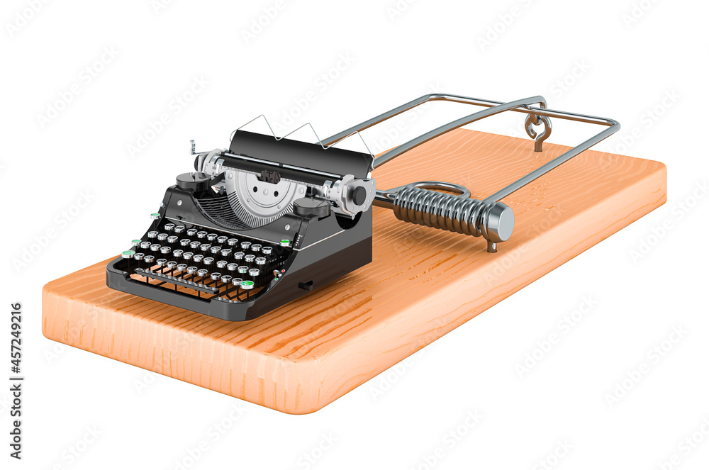 Poster typewriter inside mousetrap, 3d rendering