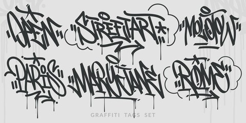 Flat Hand Written Abstract Hip Hop Urban Street Art Graffiti Style Words Vector Illustration Set