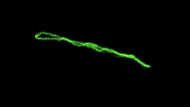 Lightning with green radiance sparkles horizontally on a black background.Beautiful green Lightning Strikes on Black Background. Electrical Storm. Videos of green Realistic Thunderbolts.