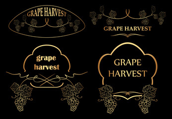 floral frames with grape for grape harvest - vector set of golden silhouettes
