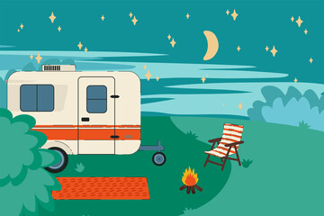 Cartoon illustration of a Camper RV in the forest. Trailer for a roadside house among the trees. Landscape with a vehicle for recreation and camping travel. Vector illustration