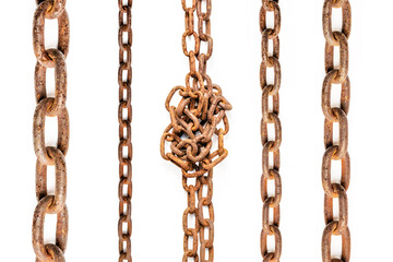 Set of old rusty chains isolated on white background.