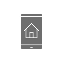 Phone with house, real estate mobile app grey icon.