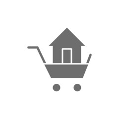 Trolley with house, sale of buildings grey icon.