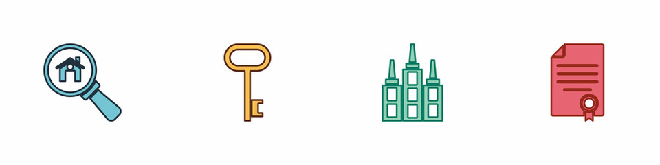 Set Search house, House key, Skyscraper and contract icon. Vector