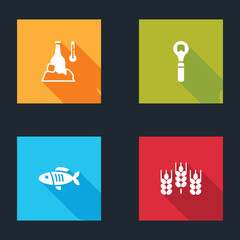Set Cold beer bottle, Bottle opener, Dried fish and Wheat icon. Vector