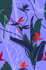 Seamless pattern with strelitzia flowers and leaves. Floral print with bird of paradise or crane flower. Hand drawn texture for fabric, web, home decor. Vector silhouettes, .isolated tropical plants.