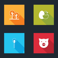 Set Tree, Little chick in cracked egg, Shovel and Pig icon. Vector