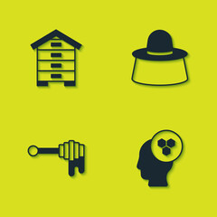 Set Hive for bees, Beekeeper, Honey dipper stick with honey and protect hat icon. Vector