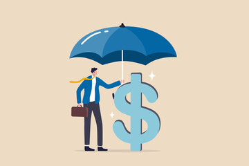 Income protection insurance, protect money or investment wealth, secure savings in economic crisis concept, confidence businessman holding big umbrella covered dollar sign money.