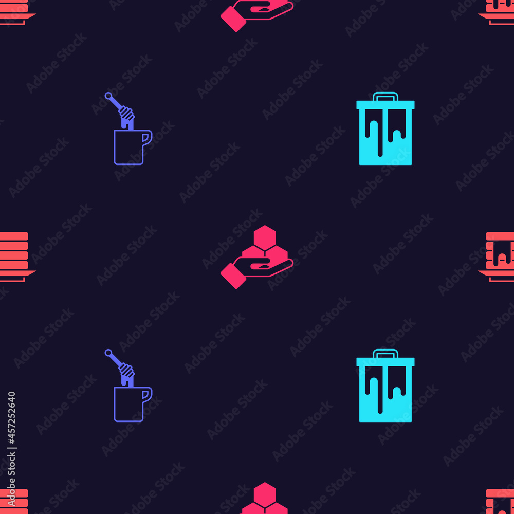 Poster set honeycomb, dipper stick with honey, and hand and stack of pancakes on seamless pattern. vector