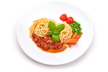 Pasta with bolognese sauce, Italian cuisine, isolated on white background.