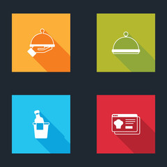 Set Covered with tray of food, , Champagne in an ice bucket and Online ordering and delivery icon. Vector