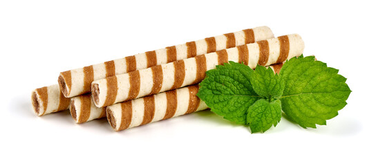 Tasty wafer roll sticks, isolated on white background.