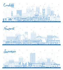 Outline Newport, Swansea and Cardiff Wales City Skyline Set.