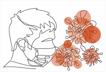 man in medical face mask. Concept of corona virus quarantine.continuous line drawing