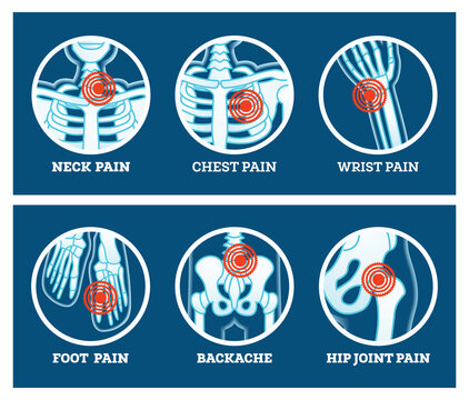 Body Pain. Icons Set. Pain in Neck, Chest, Foot, Backache, Hip Joint and Wrist.